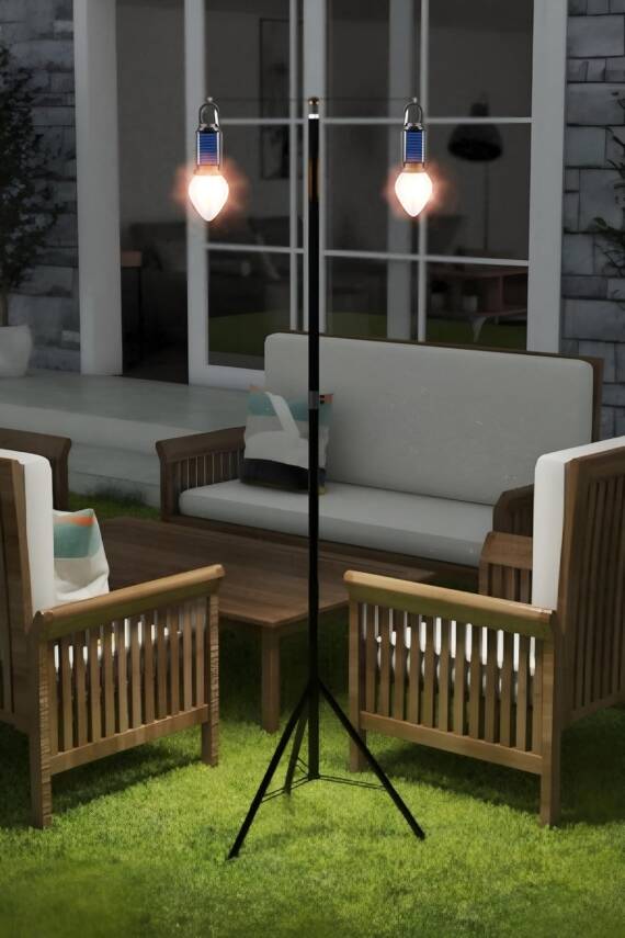 Kyrotech 2 Lambalı, Askılı, 3 Modlu, Şarjlı, Led Solar Güneş Enerjili, 2 MT Metal STANDLI, Su Geçirmez, Kitap Okuma Işığı, Kamp, avcılık, Balıkçılık, Garaj, Güverte, Balkon Dekorasyonu, Karavan - 1