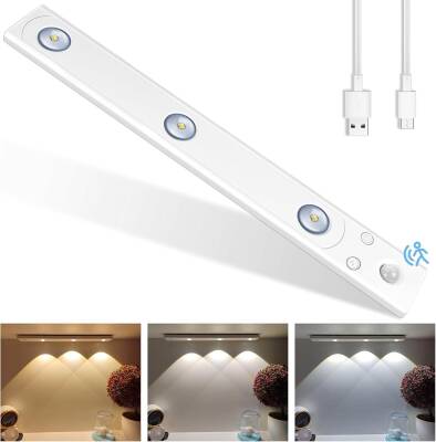 Kyrotech 3 Led'li Şarjlı Dolap Altı Aydınlatma, Hareket Sensörlü, 3 Modlu, Yapışkanlı, Delme Gerektirmez, Slim Beyaz Kasa, Dekoratif, Kısılabilir Gece Lambası, Gardırop, Dolap, Merdiven Lambası 40 CM - Kyrotech