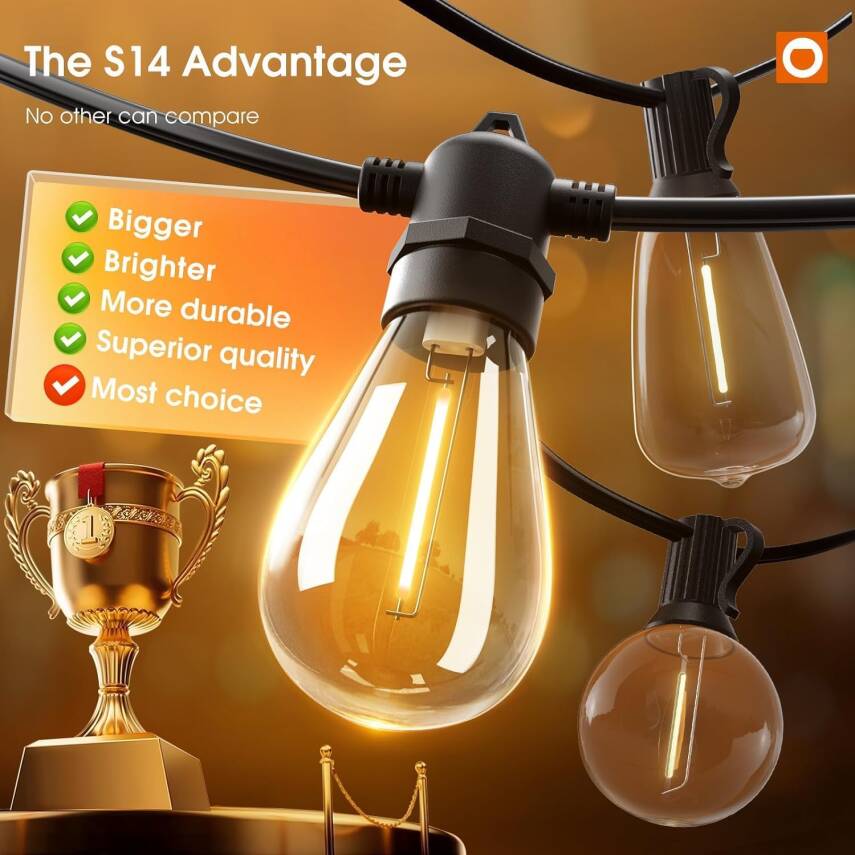Kyrotech 5 Metre LED String Light IP65 Su Geçirmez Dış Mekan Işık Seti – 5 Adet S14 Ampul Dahil, 220V, 3000K Sıcak Beyaz Bahçe Balkon Teras Aydınlatma Lamba Zinciri - 8