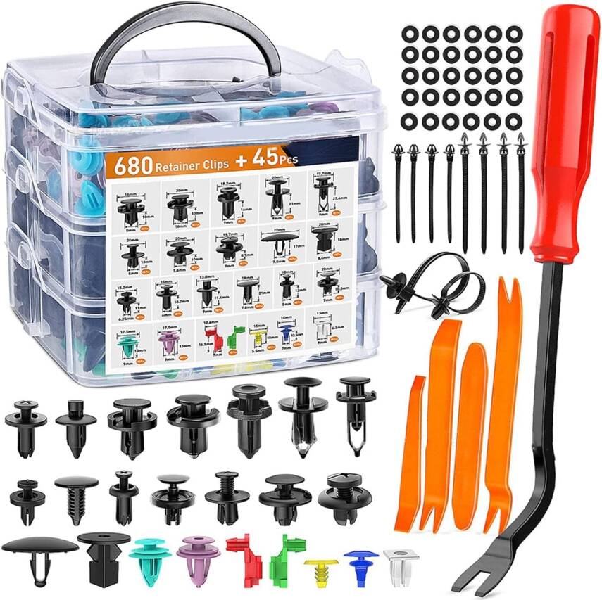 Kyrotech 725 Parça Evrensel Oto Klips Seti – 38 Boy Farklı Araç Tutucu, 30 Sünger Yastık, 1 Klips Sökme Aleti ile – Tampon, Kapı Paneli, Çamurluk, Motor Kapağı İçin Uyumlu Kutulu Tamir ve Montaj Kiti - 1