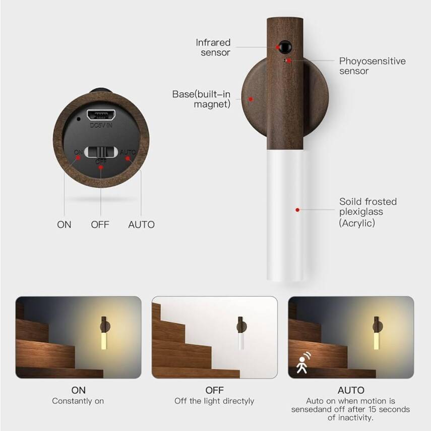 Kyrotech Duvar Aplik Hareket Sensörlü Gece Işıkları İç Mekan Mıknatıslı Taşınabilir Led Şarj Edilebilir Ahşap Tasarımlı Dolap Işıkları Merdiven El Tipi Duvar Yatak Odası Koridor Mutfak - 5