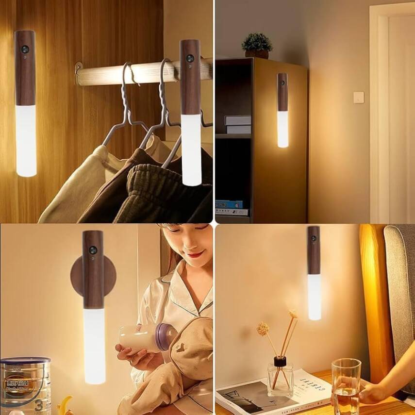 Kyrotech Duvar Aplik Hareket Sensörlü Gece Işıkları İç Mekan Mıknatıslı Taşınabilir Led Şarj Edilebilir Ahşap Tasarımlı Dolap Işıkları Merdiven El Tipi Duvar Yatak Odası Koridor Mutfak - 2