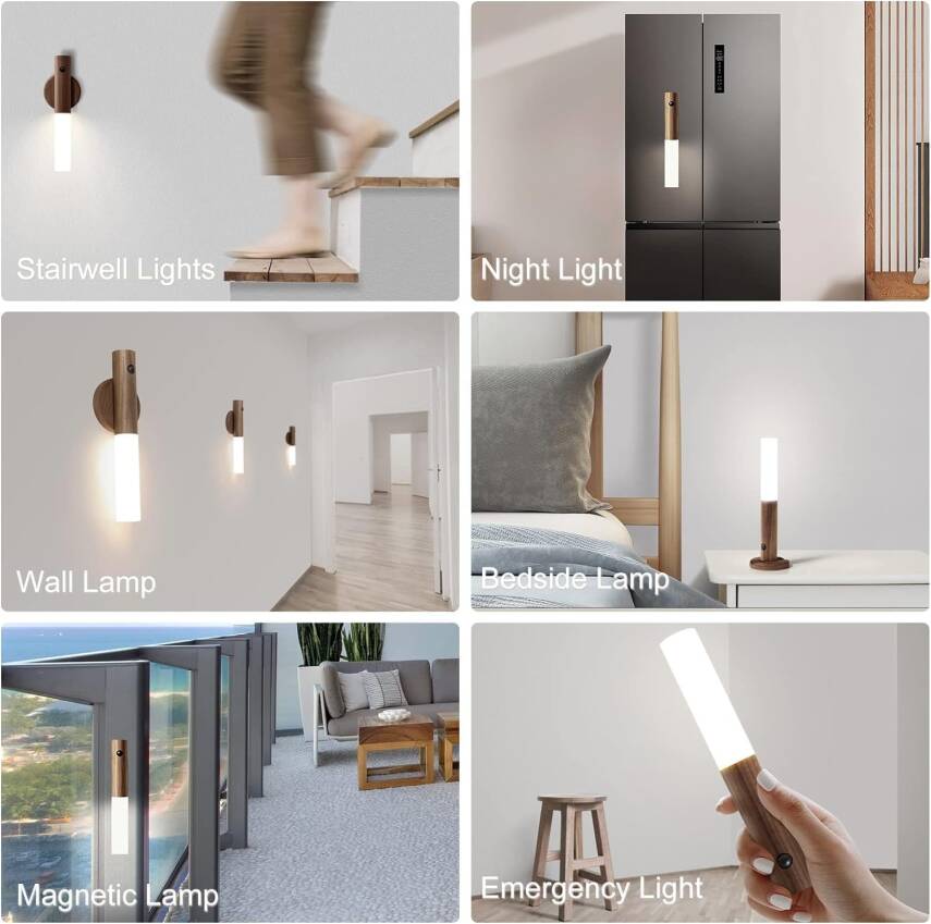 Kyrotech Duvar Aplik Hareket Sensörlü Gece Işıkları İç Mekan Mıknatıslı Taşınabilir Led Şarj Edilebilir Ahşap Tasarımlı Dolap Işıkları Merdiven El Tipi Duvar Yatak Odası Koridor Mutfak - 6
