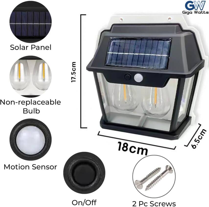 Kyrotech Solar Güneş Enerjili Lamba 2 Ampul Flament Led Hareket Sensörlü 3 Işık Modlu Aplik Su Geçirmez Duvar Teras Veranda Bahçe Agaç Patika Garaj Balkon Dekorasyon Aydınlatma (1 Adet) - 6