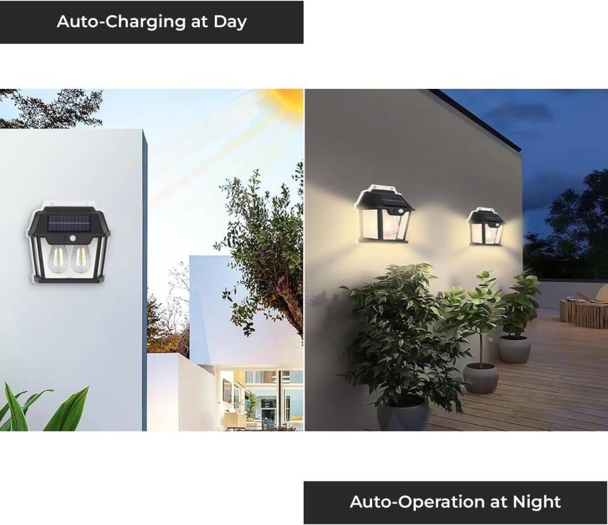 Kyrotech Solar Güneş Enerjili Lamba 2 Ampul Flament Led Hareket Sensörlü 3 Işık Modlu Aplik Su Geçirmez Duvar Teras Veranda Bahçe Agaç Patika Garaj Balkon Dekorasyon Aydınlatma (1 Adet) - 7