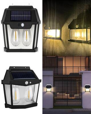 Kyrotech Solar Güneş Enerjili Lamba 2 Ampul Flament Led Hareket Sensörlü 3 Işık Modlu Aplik Su Geçirmez Duvar Teras Veranda Bahçe Agaç Patika Garaj Balkon Dekorasyon Aydınlatma (1 Adet) - Kyrotech