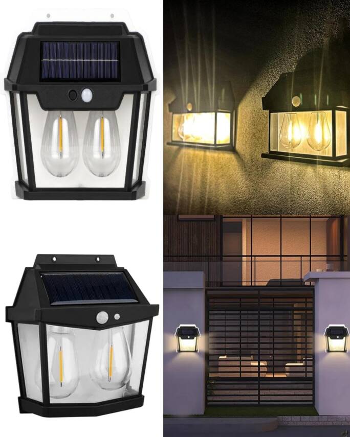 Kyrotech Solar Güneş Enerjili Lamba 2 Ampul Flament Led Hareket Sensörlü 3 Işık Modlu Aplik Su Geçirmez Duvar Teras Veranda Bahçe Agaç Patika Garaj Balkon Dekorasyon Aydınlatma (1 Adet) - 1