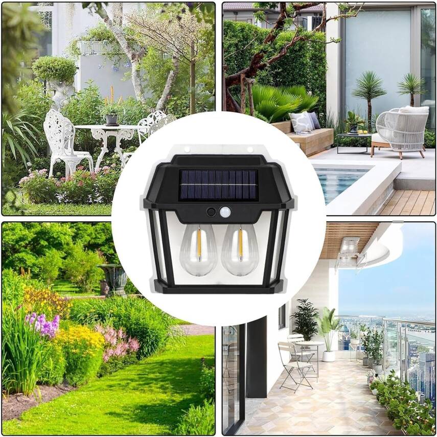 Kyrotech Solar Güneş Enerjili Lamba 2 Ampul Flament Led Hareket Sensörlü 3 Işık Modlu Aplik Su Geçirmez Duvar Teras Veranda Bahçe Agaç Patika Garaj Balkon Dekorasyon Aydınlatma (1 Adet) - 4